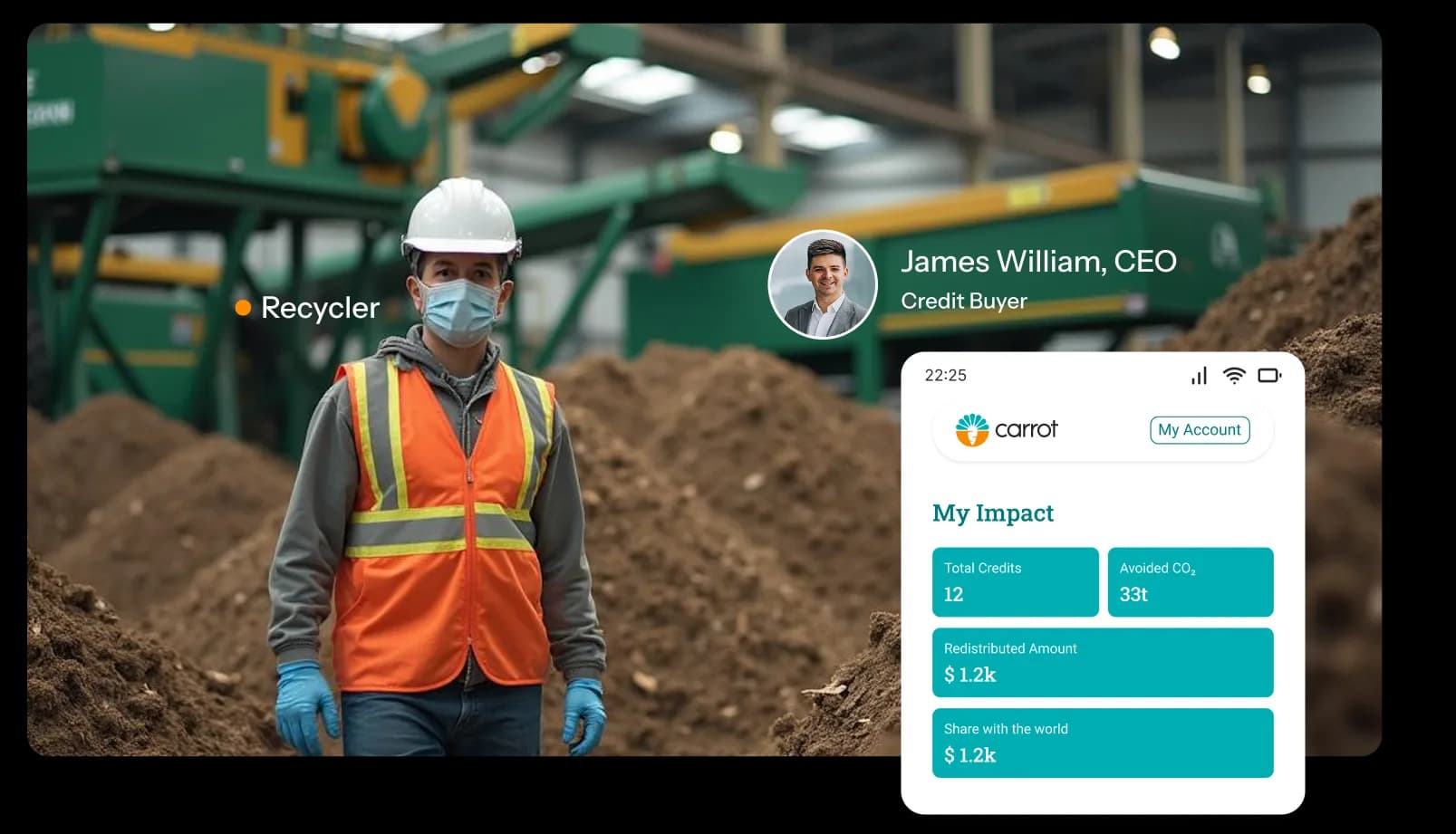 Recycler at a composting facility with Carrot impact dashboard overlay